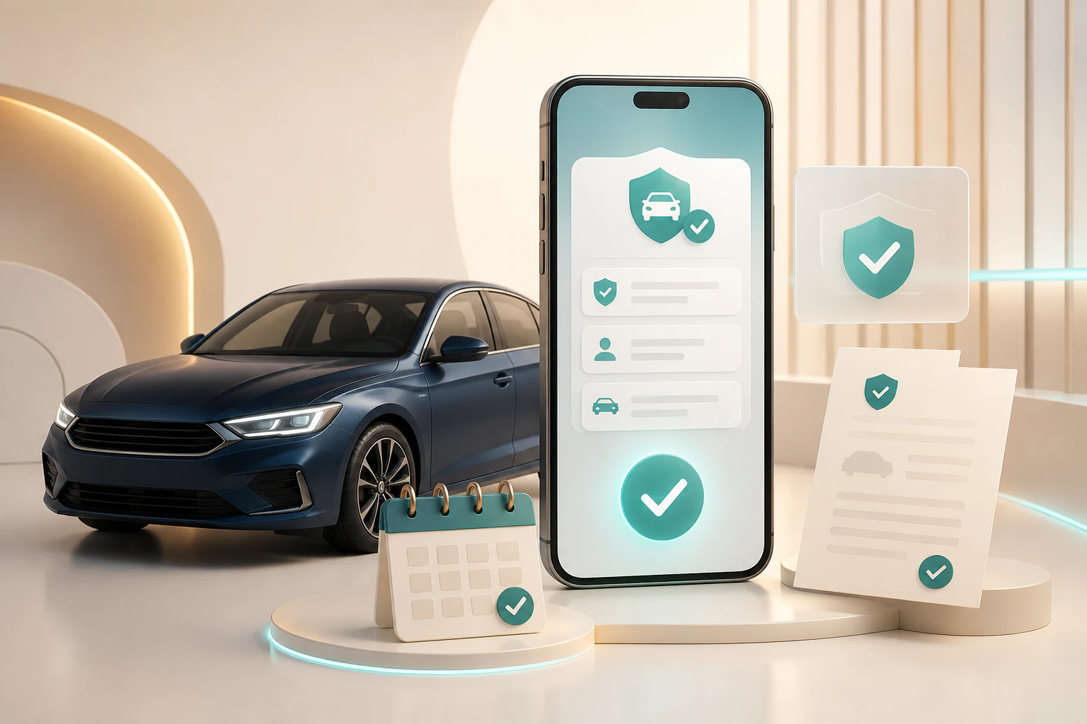 Ilustrasi kereta, telefon dan dokumen untuk pembaharuan insurans online